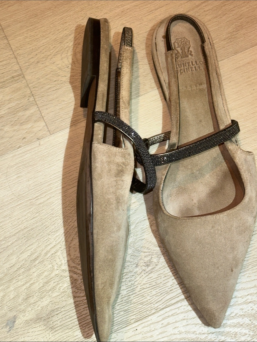 Brunello Cucinelli Taupe Pointed-Toe Slingback Mules with Monili Strap - Picture 10 of 13